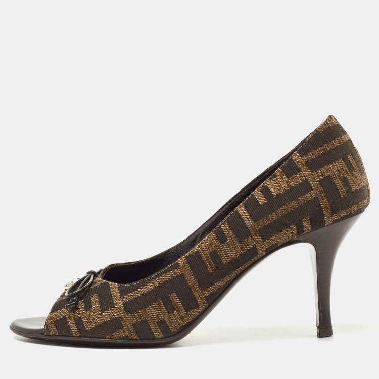 Pre Owned Fendi Brown Zucca Canvas Bow Peep Toe Pumps Size 36