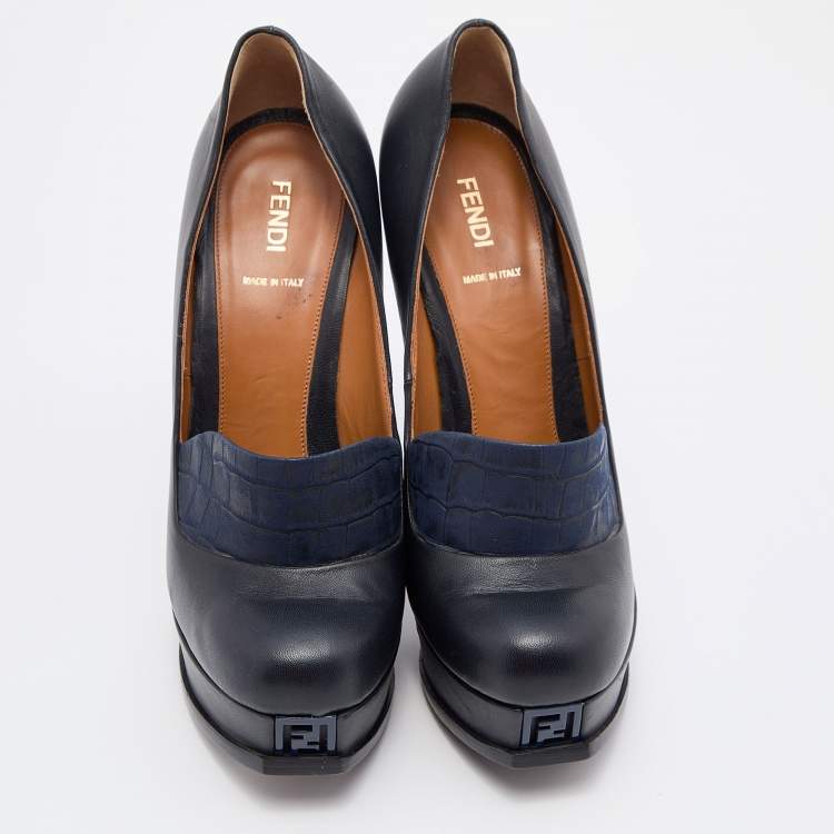 Pre Owned Fendi Navy Blue Leather and Croc Embossed Leather Logo Loafer Platform Pumps Size 40