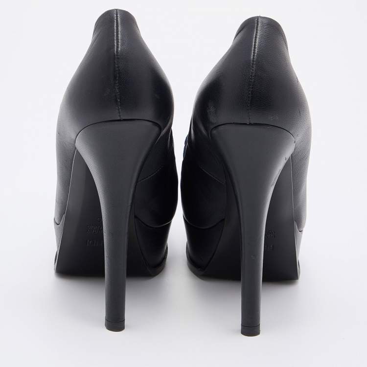 Pre Owned Fendi Navy Blue Leather and Croc Embossed Leather Logo Loafer Platform Pumps Size 40
