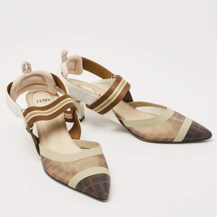 مملوكة مسبقًا Fendi Brown/Cream Leather and Mesh Colibri Slingback Pumps Size 39