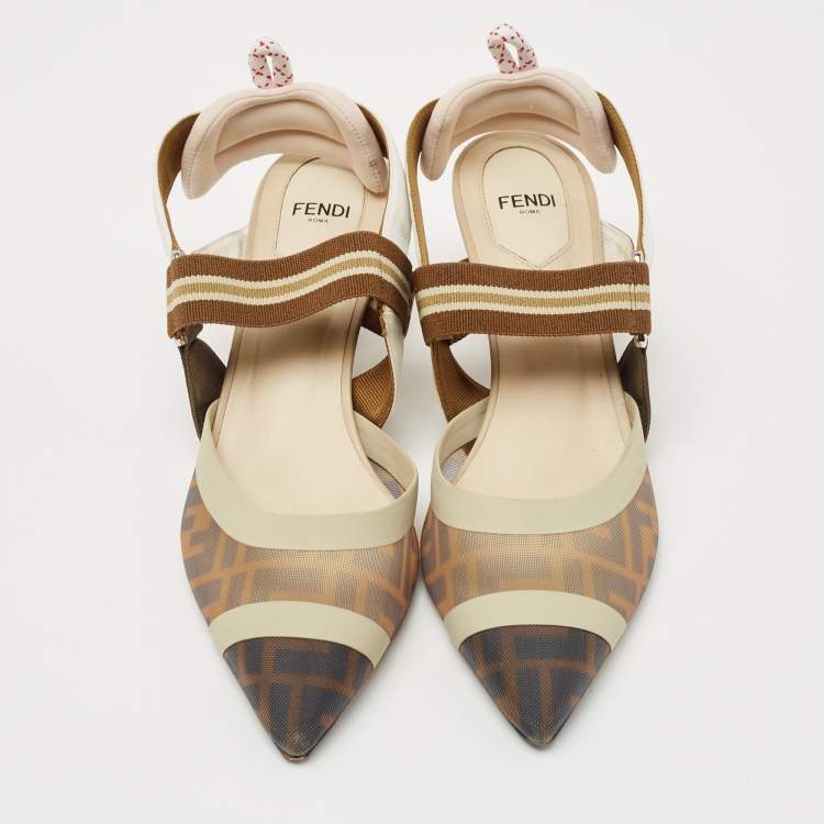 مملوكة مسبقًا Fendi Brown/Cream Leather and Mesh Colibri Slingback Pumps Size 39