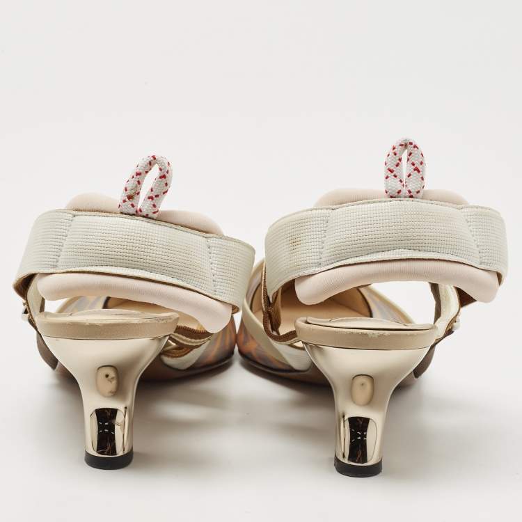مملوكة مسبقًا Fendi Brown/Cream Leather and Mesh Colibri Slingback Pumps Size 39
