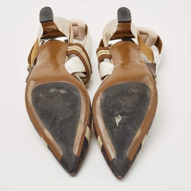 مملوكة مسبقًا Fendi Brown/Cream Leather and Mesh Colibri Slingback Pumps Size 39