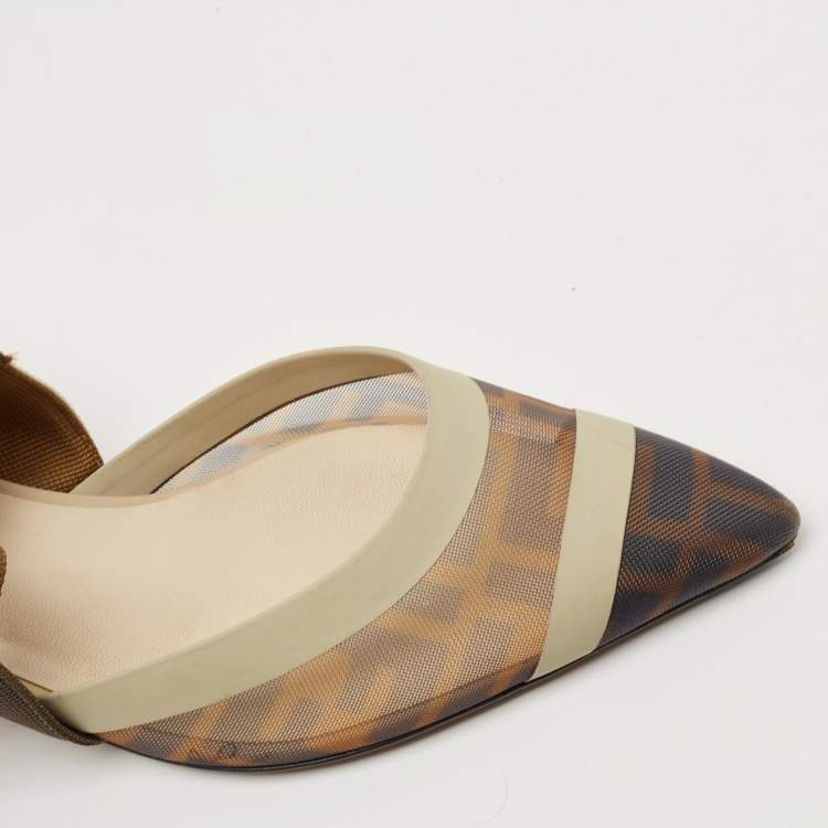 مملوكة مسبقًا Fendi Brown/Cream Leather and Mesh Colibri Slingback Pumps Size 39