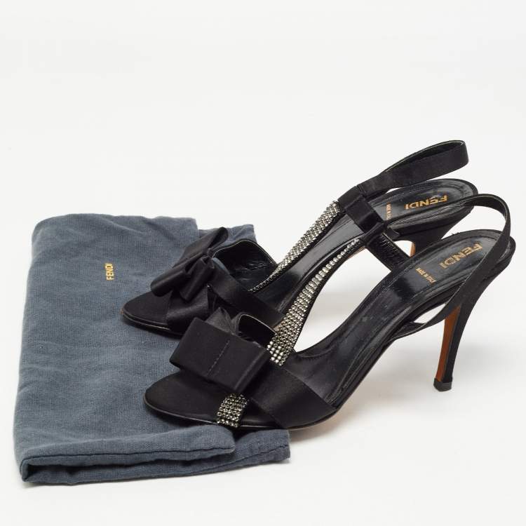 Pre Owned Fendi Black Satin Crystal Embellished Slingback Sandals Size 39
