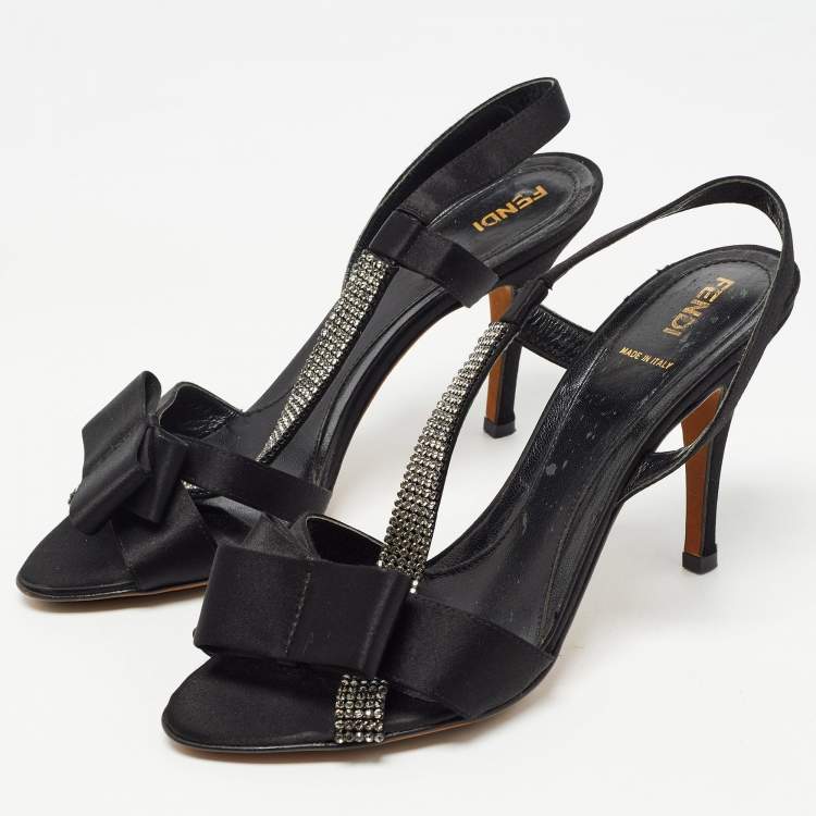 Pre Owned Fendi Black Satin Crystal Embellished Slingback Sandals Size 39