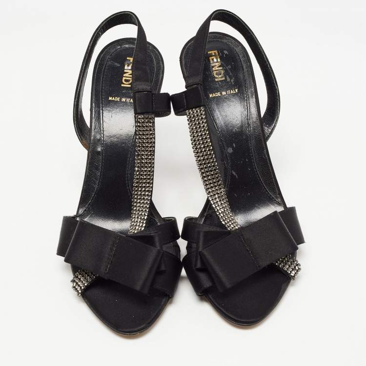 Pre Owned Fendi Black Satin Crystal Embellished Slingback Sandals Size 39