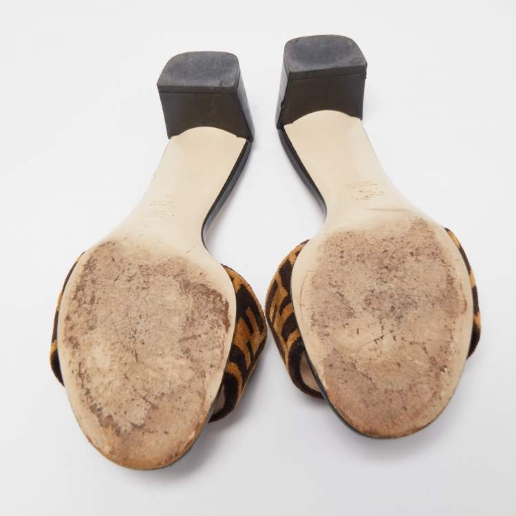 Pre Owned Fendi Brown Velvet  FF Logo Slide Sandals Size 39