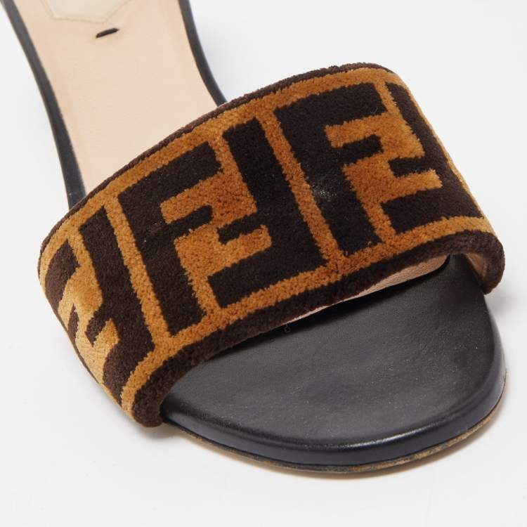 Pre Owned Fendi Brown Velvet  FF Logo Slide Sandals Size 39