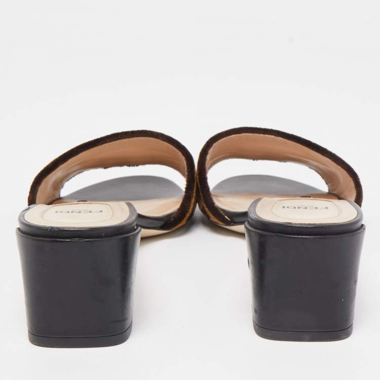 Pre Owned Fendi Brown Velvet  FF Logo Slide Sandals Size 39