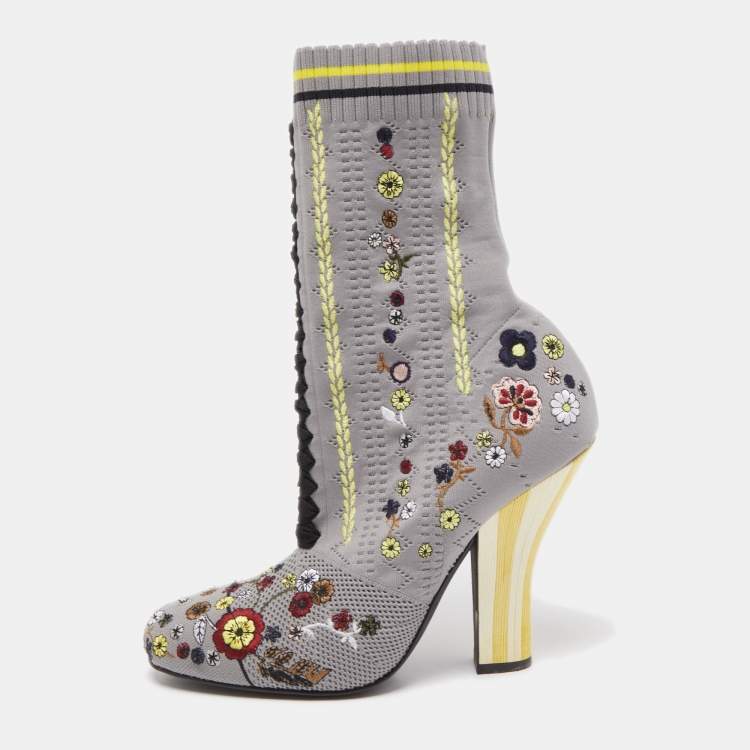 Pre Owned Fendi Grey Floral Embroidered Knit Fabric Sock Ankle Boots Size 40