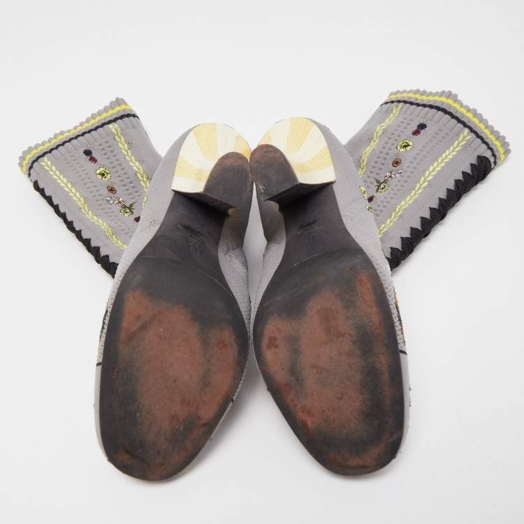 Pre Owned Fendi Grey Floral Embroidered Knit Fabric Sock Ankle Boots Size 40