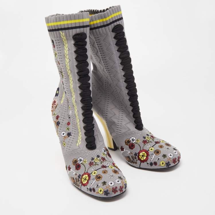 Pre Owned Fendi Grey Floral Embroidered Knit Fabric Sock Ankle Boots Size 40