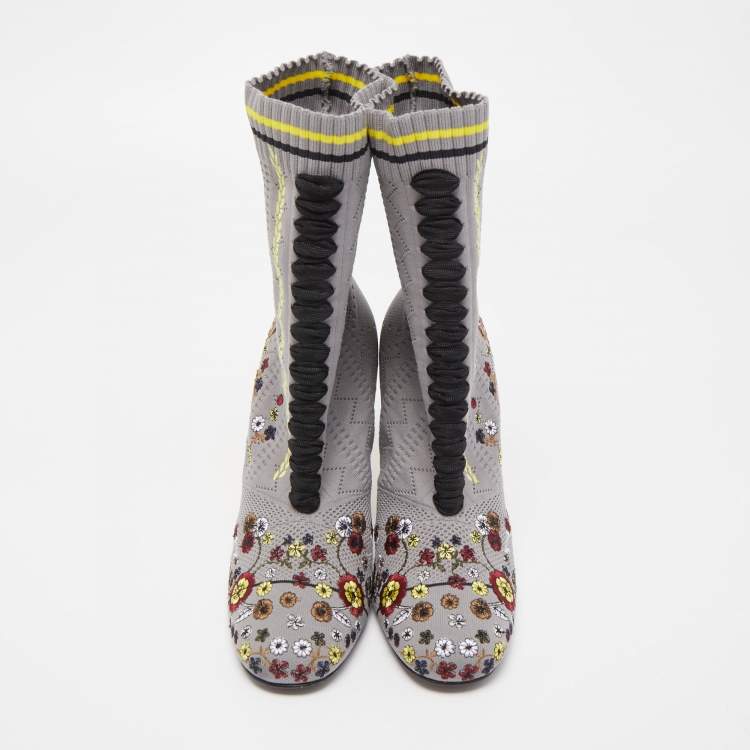 Pre Owned Fendi Grey Floral Embroidered Knit Fabric Sock Ankle Boots Size 40