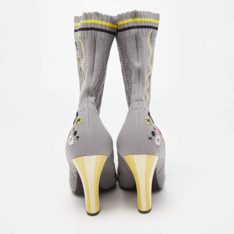 Pre Owned Fendi Grey Floral Embroidered Knit Fabric Sock Ankle Boots Size 40