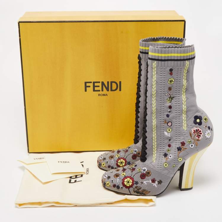 Pre Owned Fendi Grey Floral Embroidered Knit Fabric Sock Ankle Boots Size 40