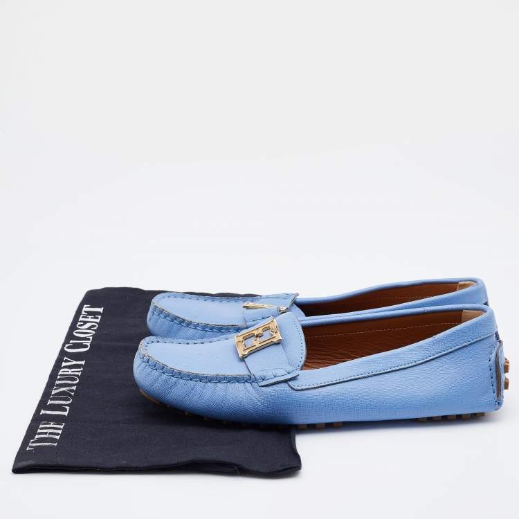 Pre Owned Fendi Blue Leather FF Logo Slip On Loafers Size 36