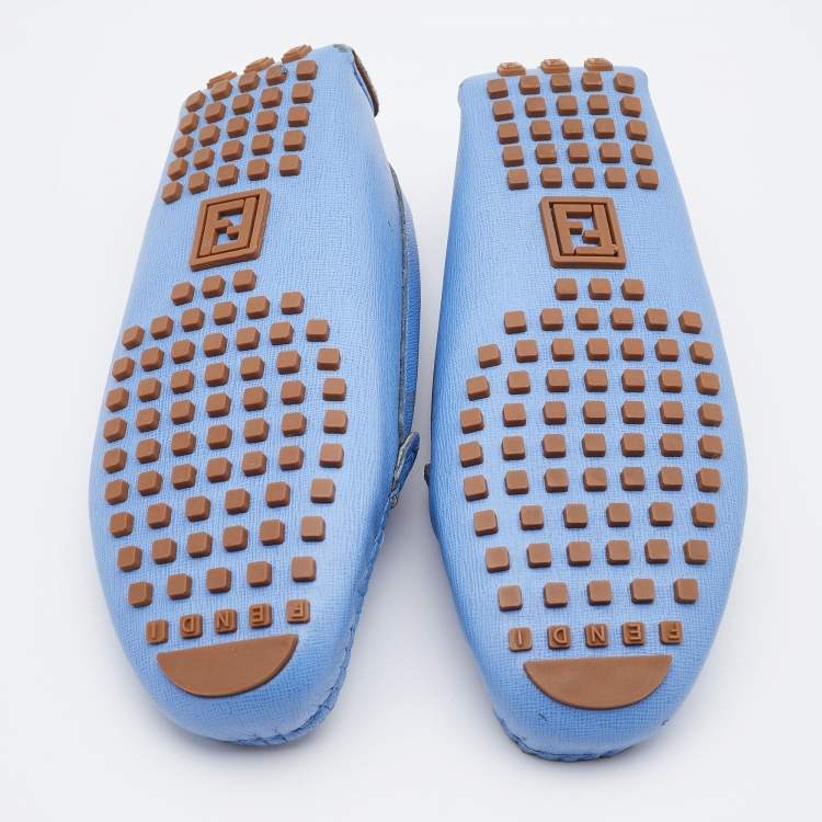 Pre Owned Fendi Blue Leather FF Logo Slip On Loafers Size 36