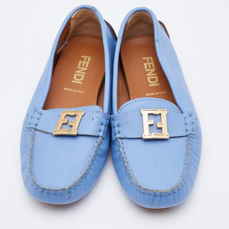 Pre Owned Fendi Blue Leather FF Logo Slip On Loafers Size 36