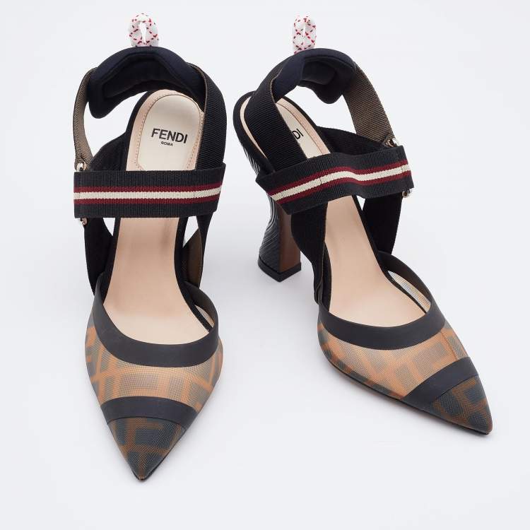 مملوكة مسبقًا Fendi Black/Brown Zucca Mesh and Leather Colibri Slingback Pumps Size 36