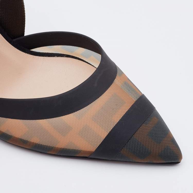 مملوكة مسبقًا Fendi Black/Brown Zucca Mesh and Leather Colibri Slingback Pumps Size 36