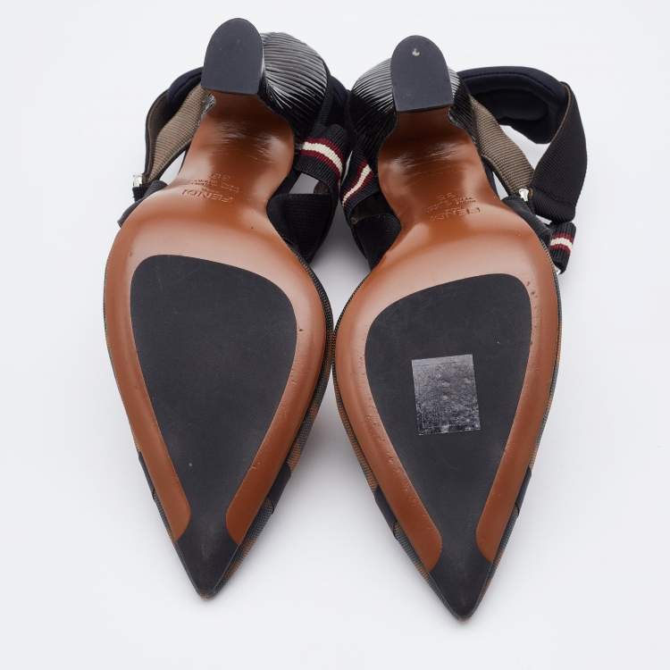 مملوكة مسبقًا Fendi Black/Brown Zucca Mesh and Leather Colibri Slingback Pumps Size 36