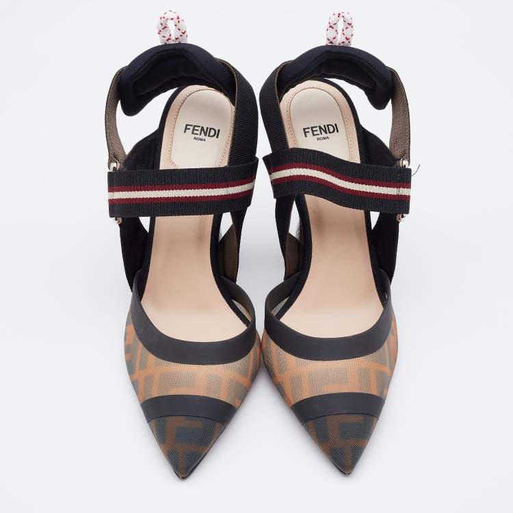 مملوكة مسبقًا Fendi Black/Brown Zucca Mesh and Leather Colibri Slingback Pumps Size 36