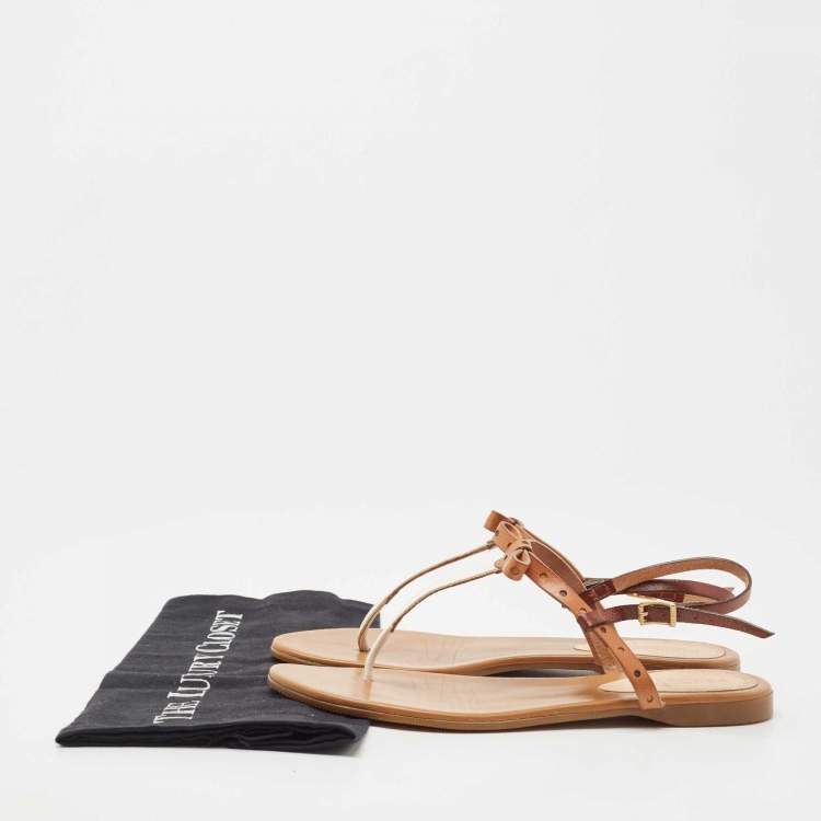 Pre Owned Fendi Brown Leather Bow Detail Ankle Strap Flats Sandals Size 38