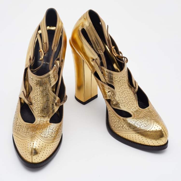 Pre Owned Fendi Metallic Gold Perforated Leather Platform Booties Size 41