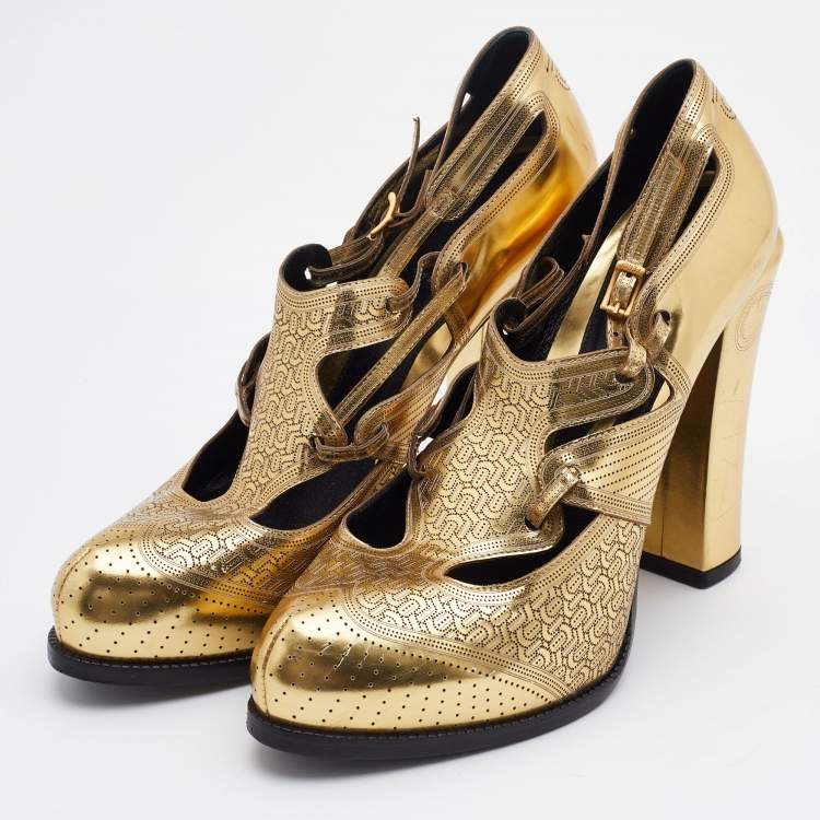 Pre Owned Fendi Metallic Gold Perforated Leather Platform Booties Size 41