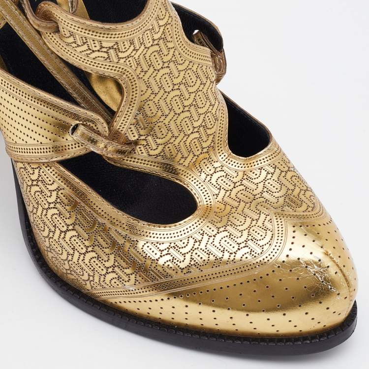 Pre Owned Fendi Metallic Gold Perforated Leather Platform Booties Size 41