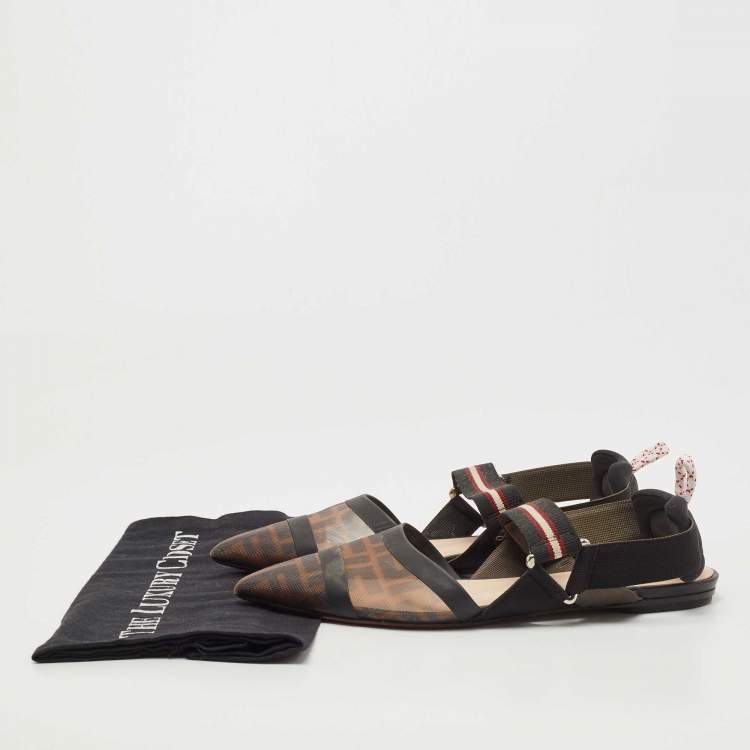 مملوكة مسبقًا Fendi Black/Brown Zucca Mesh and Fabric Colibri Slingback Flats Size 38