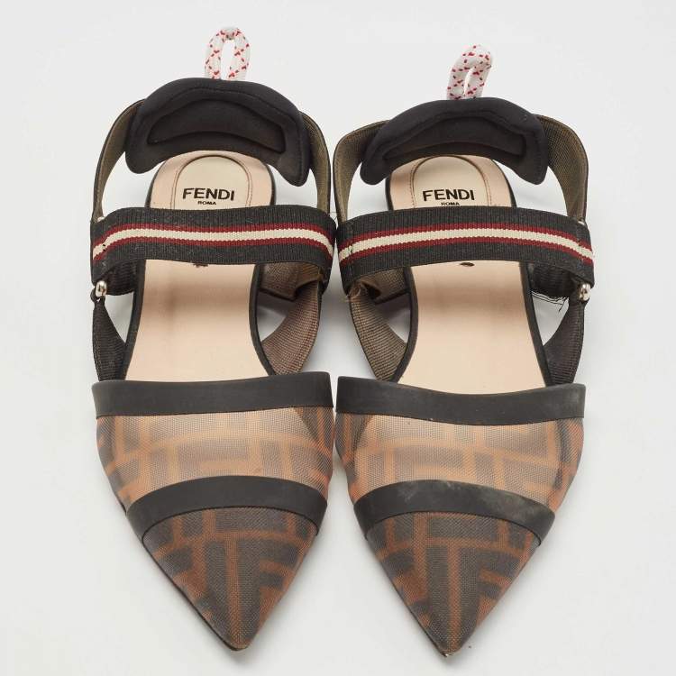 مملوكة مسبقًا Fendi Black/Brown Zucca Mesh and Fabric Colibri Slingback Flats Size 38
