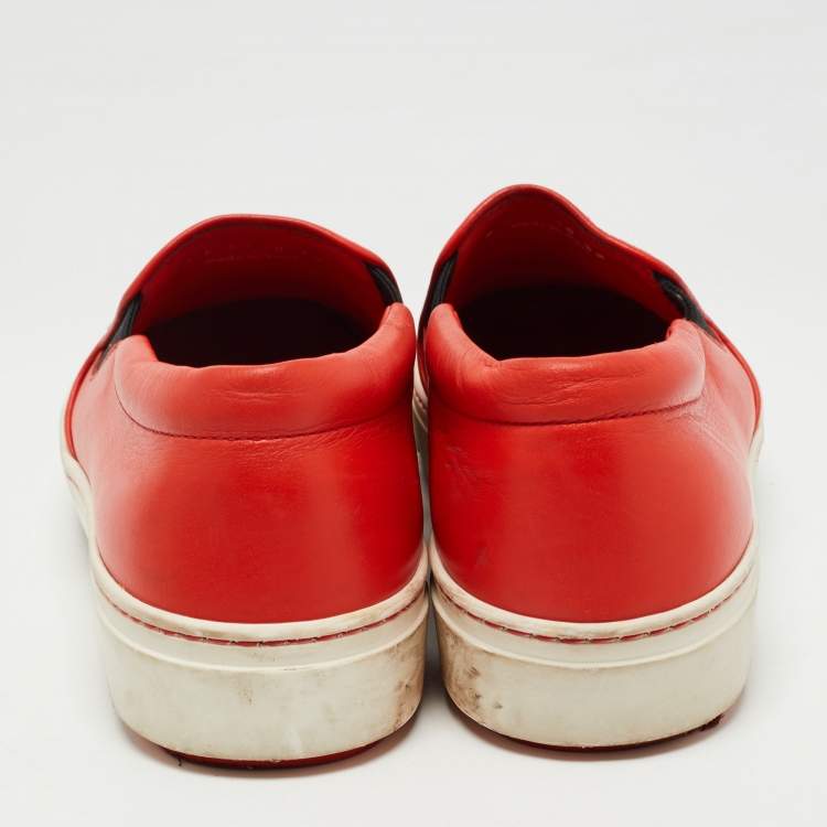 Pre Owned Fendi Orange Leather Bag Bug Slip On Sneakers Size 38