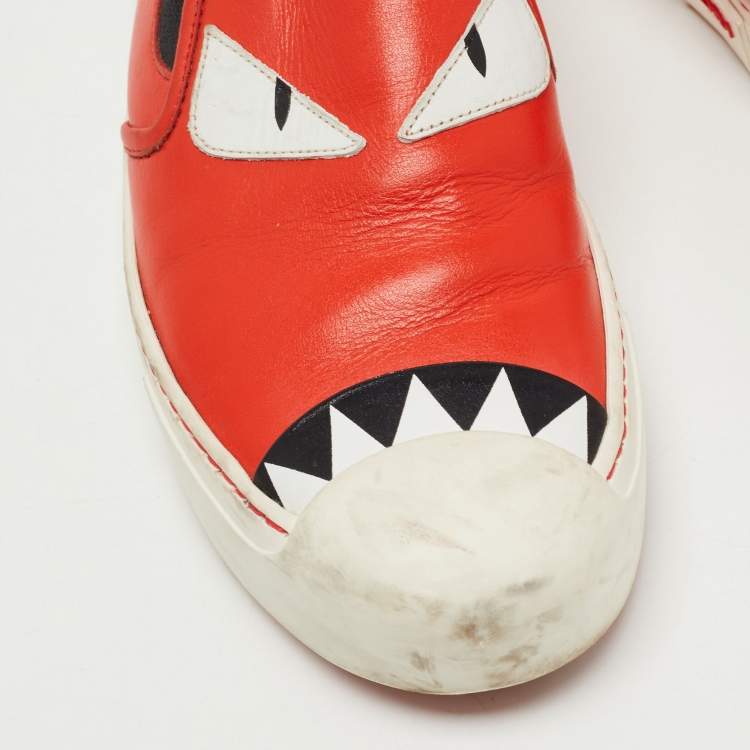 Pre Owned Fendi Orange Leather Bag Bug Slip On Sneakers Size 38