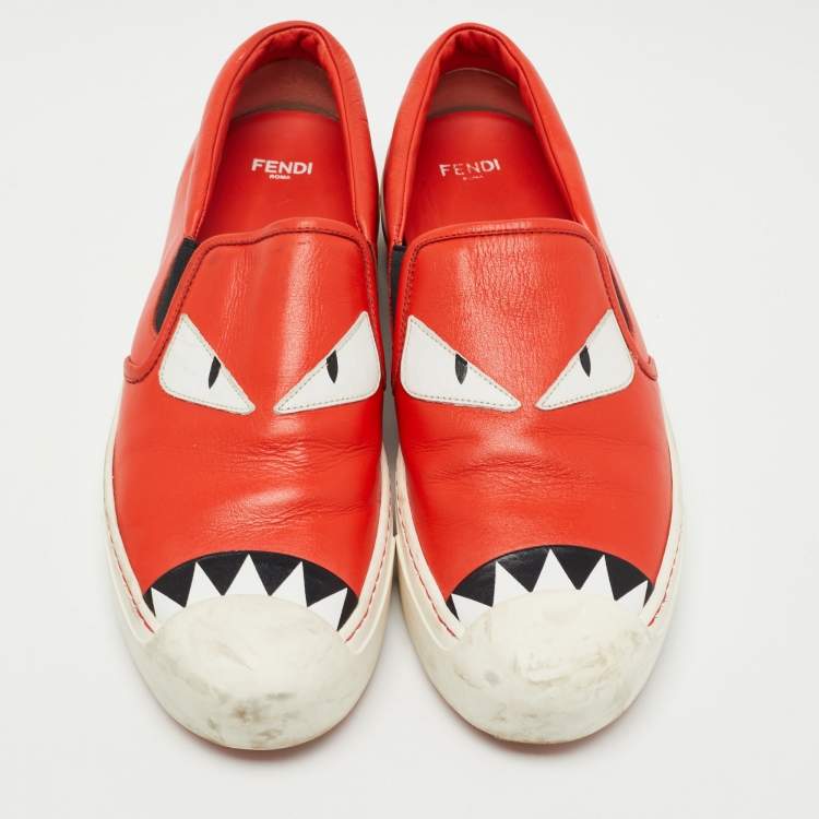 Pre Owned Fendi Orange Leather Bag Bug Slip On Sneakers Size 38
