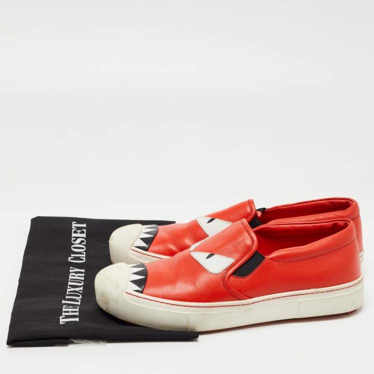 Pre Owned Fendi Orange Leather Bag Bug Slip On Sneakers Size 38