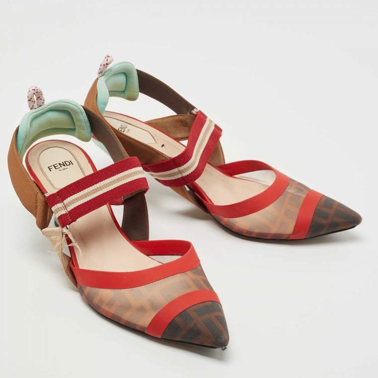 Pre Owned Fendi Brown/Red Zucca Mesh and Canvas Colibri Pumps Size 39