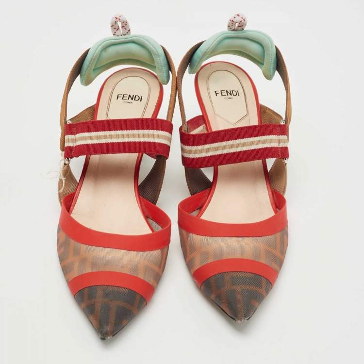 Pre Owned Fendi Brown/Red Zucca Mesh and Canvas Colibri Pumps Size 39