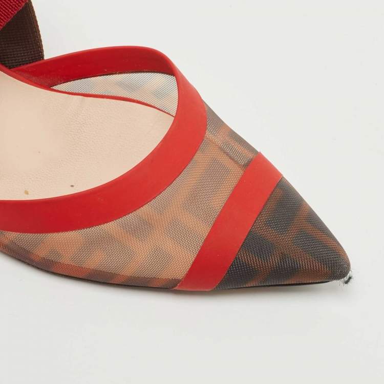 Pre Owned Fendi Brown/Red Zucca Mesh and Canvas Colibri Pumps Size 39