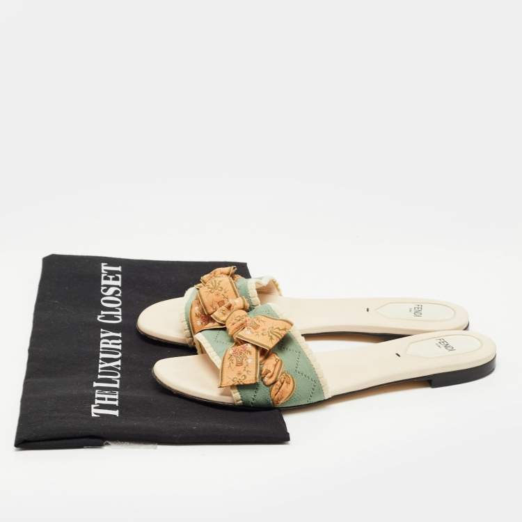 Pre Owned Fendi Mint Green Fabric Bow Flat Slides Size 38