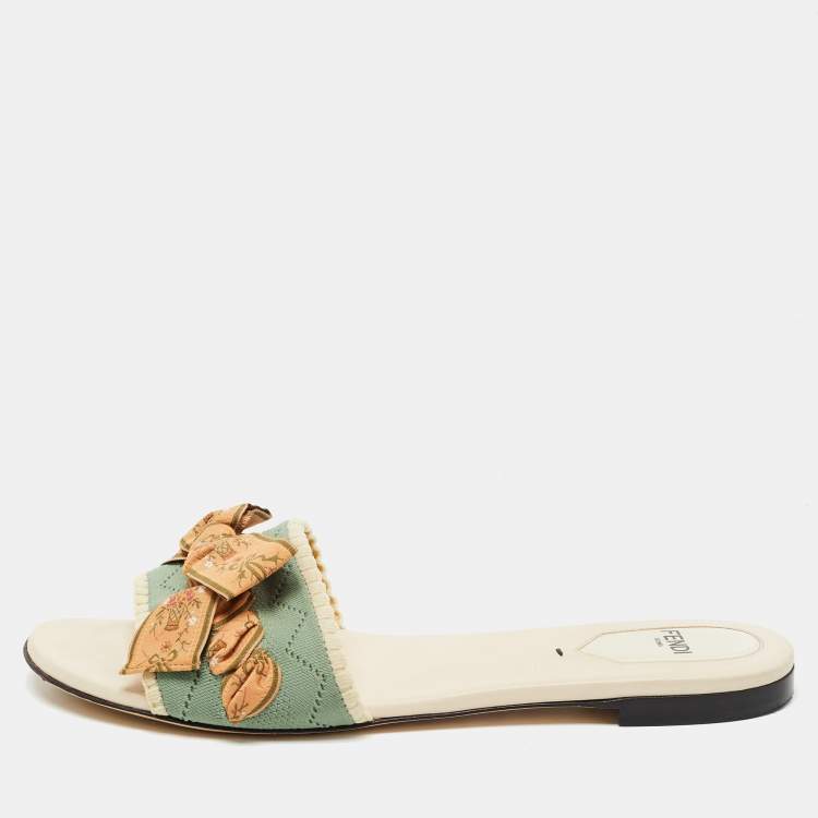 Pre Owned Fendi Mint Green Fabric Bow Flat Slides Size 38