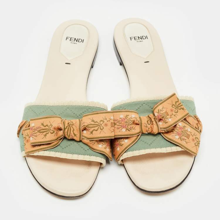 Pre Owned Fendi Mint Green Fabric Bow Flat Slides Size 38