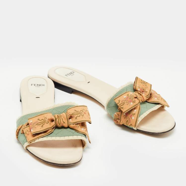 Pre Owned Fendi Mint Green Fabric Bow Flat Slides Size 38