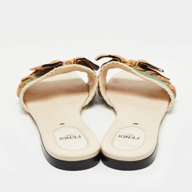 Pre Owned Fendi Mint Green Fabric Bow Flat Slides Size 38