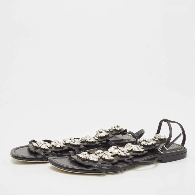 Pre Owned Fendi Black Leather Crystal Embellished Strappy Ankle Strap Flat Sandals Size 37