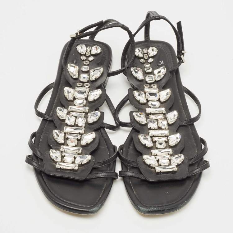 Pre Owned Fendi Black Leather Crystal Embellished Strappy Ankle Strap Flat Sandals Size 37