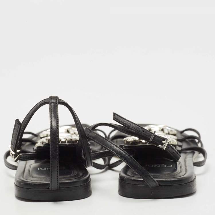 Pre Owned Fendi Black Leather Crystal Embellished Strappy Ankle Strap Flat Sandals Size 37