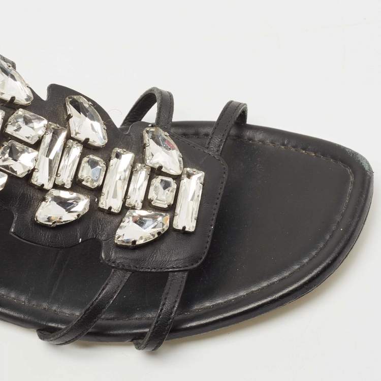 Pre Owned Fendi Black Leather Crystal Embellished Strappy Ankle Strap Flat Sandals Size 37