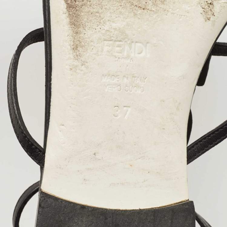 Pre Owned Fendi Black Leather Crystal Embellished Strappy Ankle Strap Flat Sandals Size 37